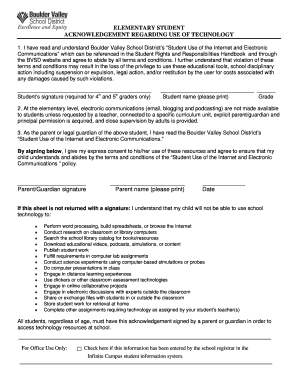 Elementary Student Technology Use Acknowledgement