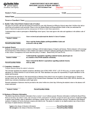 Boulder Valley School District Parent/Student Sign-Off Sheet