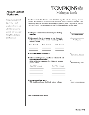 Checkbook balance worksheet - Account Balance Worksheet - Tompkins Mahopac Bank