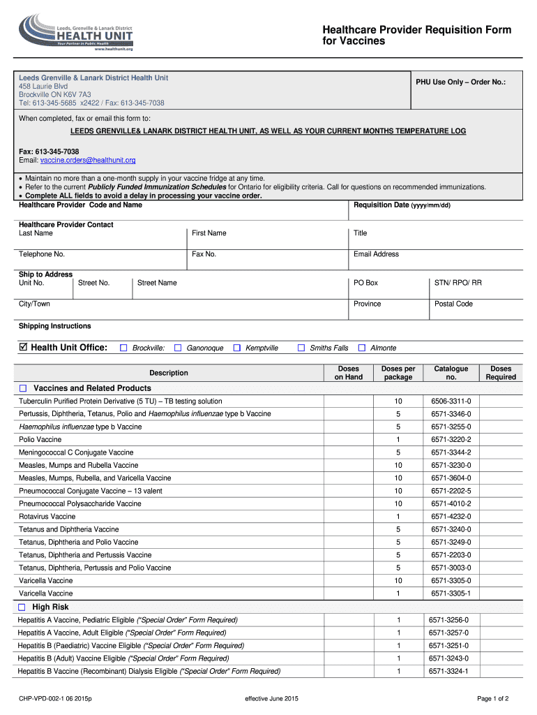 Health Unit Vaccine Order Form - Leeds Grenville and Lanark Preview on Page 1