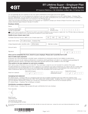 BT Lifetime Super Employer Plan Choice Form