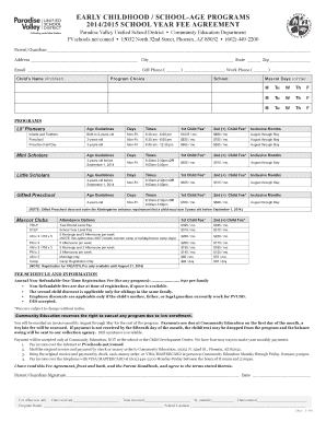 Paradise Valley Unified School District 2014/2015 School Year Fee Agreement