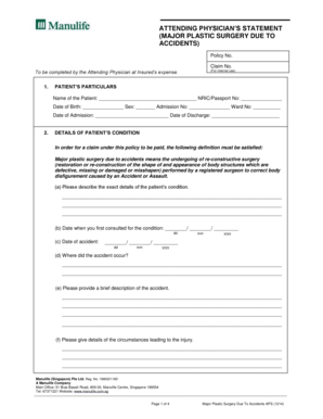 Attending Physician's Statement for Major Plastic Surgery Due to Accidents
