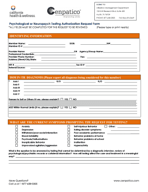 Psychological or Neuropsych Testing Authorization Request Form