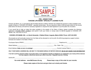 Choose Life Maine Specialty License Plate Pre-Order Form