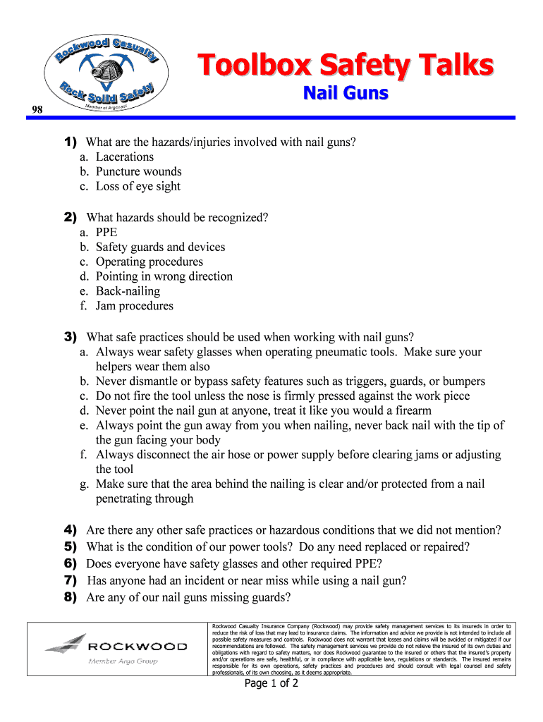 Fillable Online Rockwood Toolbox Safety Talks 98 Nail Guns Rockwood