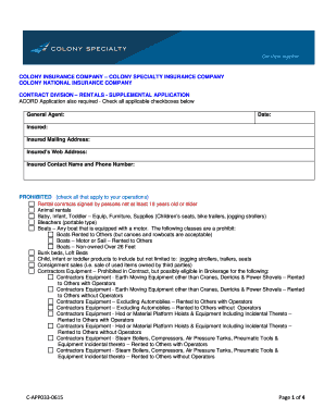 Colony Insurance Rental Supplemental Application