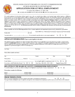 Highlands County At-Will Employment Application