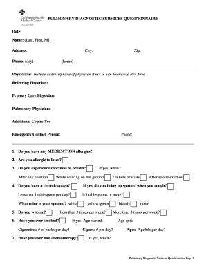 Pulmonary Diagnostic Services Questionnaire
