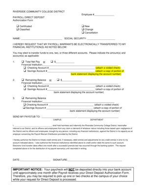 Riverside Community College District Payroll Direct Deposit Authorization Form