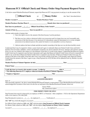 Hanscom FCU Check and Money Order Stop Payment Request