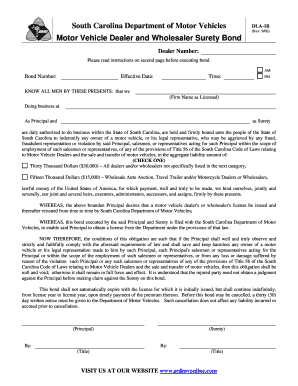 South Carolina Motor Vehicle Dealer and Wholesaler Surety Bond