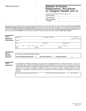Election of Income Replacement, Non-Earner or Caregiver Benefit (OCF-10)
