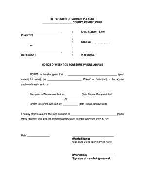 Form 15 - Notice of Intention to Resume Prior Surname
