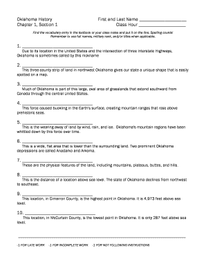 Oklahoma History Vocabulary Worksheet