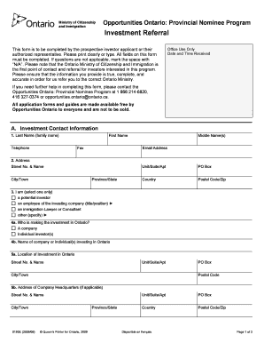 Ontario Provincial Nominee Program Investment Referral Form