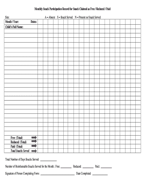 Monthly Snack Participation Record