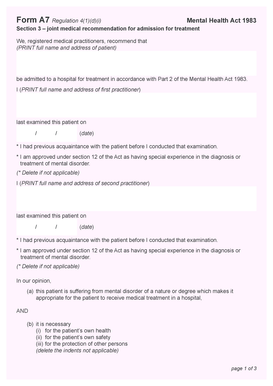Mental Health Act 1983 Section 3 Admission Form