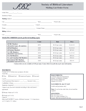 Society of Biblical Literature Mailing List Order Form