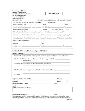 Medical Statement for Student with Special Diet Needs