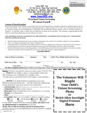Preschool Vision Screening Consent Form