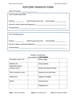 Boy Scouts of America Popcorn Transfer Form