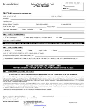 Culinary Workers Health Fund Appeal Request