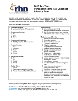 2013 Personal Income Tax Checklist and Intake Form