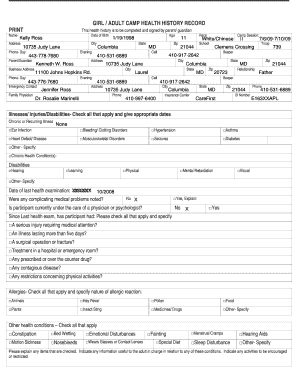 Girl Adult Camp Health History Record