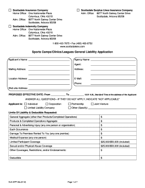 Sports Camps Clinics Leagues General Liability Application