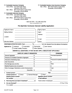 Fire Sprinkler Contractor General Liability Application