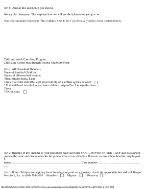 CACFP Child Care Center Meal Benefit Income Eligibility Form