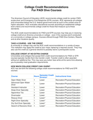 College Credit Recommendations for PADI Dive Courses
