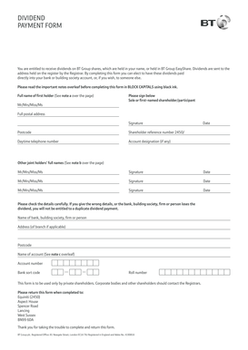 BT Group Dividend Payment Form