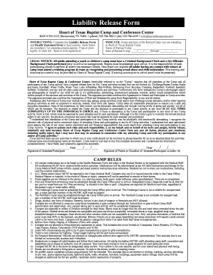 Liability Release Form for Heart of Texas Baptist Camp