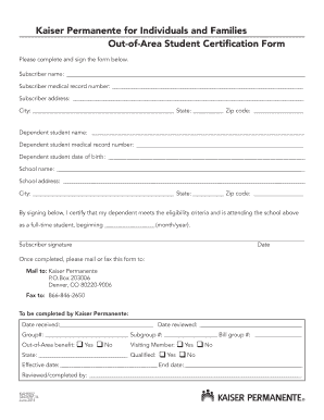 Kaiser Permanente Out-of-Area Student Certification Form