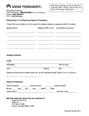Mail Order Pharmacy Form for Southern Colorado