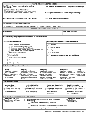 Adult Residential Licensing Preadmission Screening Form