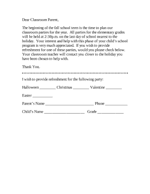 Classroom Party Refreshment Volunteer Form