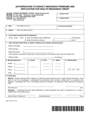 Authorization to Deduct Insurance Premiums and Health Insurance Credit Application