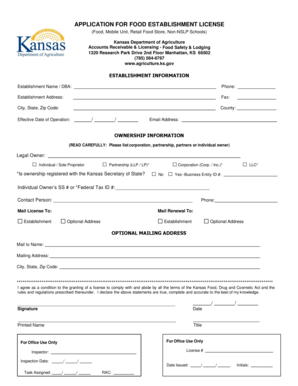 Kansas Food Establishment License Application