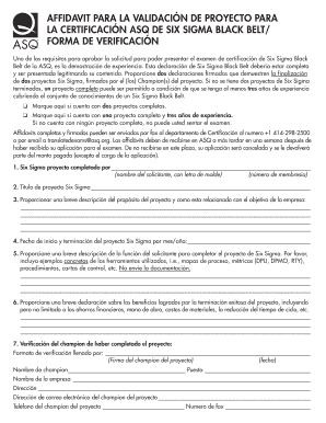 AFFIDAVIT PARA LA VALIDACIÓN DE PROYECTO PARA LA CERTIFICACIÓN ASQ DE SIX SIGMA BLACK BELT