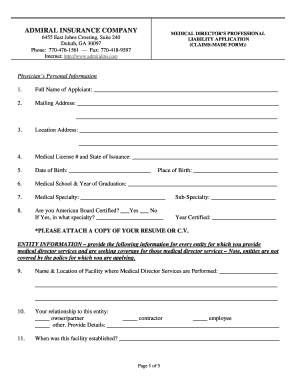 Medical Director Professional Liability Application