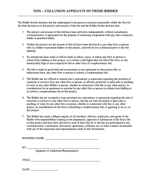 Notarised affidavit format - non collusion affidavit of prime bidder