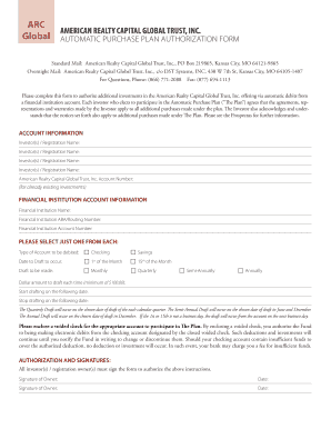 American Realty Capital Global Trust Automatic Purchase Plan Authorization Form
