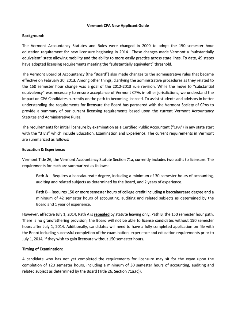 Fillable Online Vermont CPA New Applicant Guide Fax Email Print pdfFiller