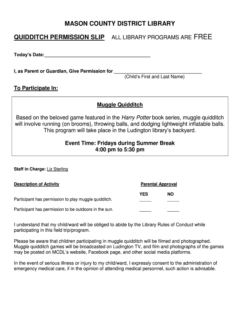 Quidditch Permission Slip - Mason County District Library - masoncounty lib mi Preview on Page 1