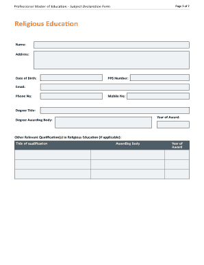 Professional Master of Education Subject Declaration Form
