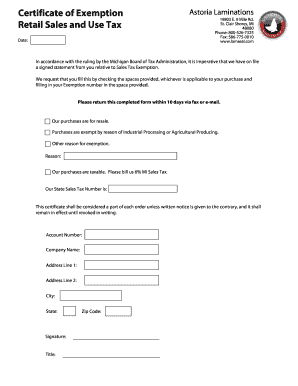 Michigan Sales Tax Exemption Certificate
