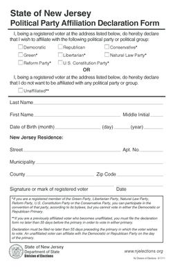 New Jersey Political Party Affiliation Declaration Form